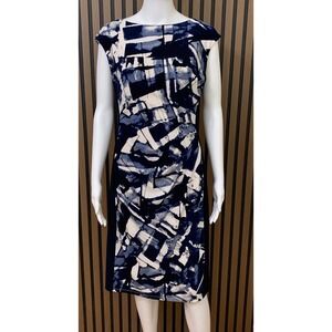 Lauren Ralph Lauren Navy Blue Abstract Geometric Cap Sleeve Sheath Dress 12